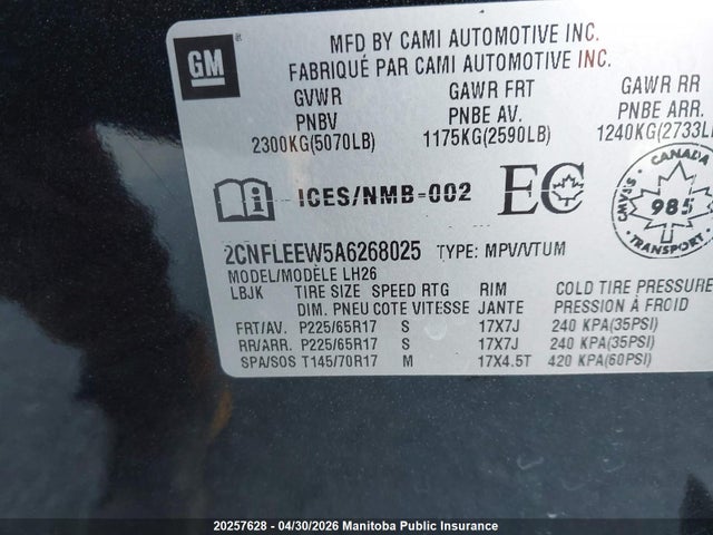 20257628 :رقم المزاد ، 2CNFLEEW5A6268025 vin ، 2010 Chevrolet Equinox Ls مزاد بيع