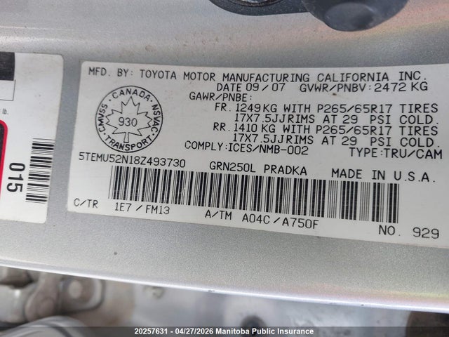 2008 Toyota Tacoma Double Cab V6 მანქანა იყიდება აუქციონზე, vin: 5TEMU52N18Z493730, აუქციონის ნომერი: 20257631