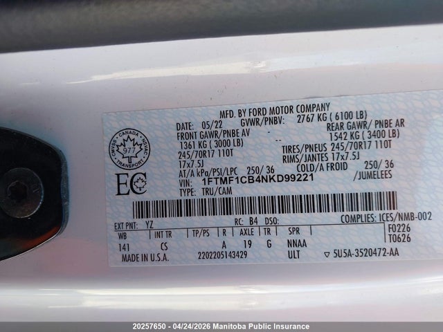 2022 Ford F150 Xl Pickup მანქანა იყიდება აუქციონზე, vin: 1FTMF1CB4NKD99221, აუქციონის ნომერი: 20257650