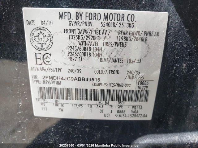 Продажа на аукционе авто 2010 Ford Edge Sel, vin: 2FMDK4JC9ABB49515, номер лота: 20257660