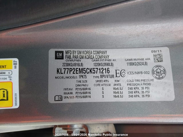 Aukcja sprzedaży 2012 Chevrolet Orlando Lt, vin: KL77P2EM5CK571216, numer aukcji: 20257686