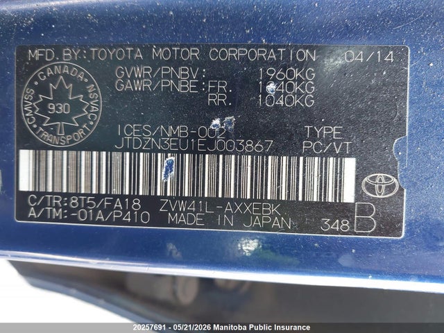 20257691 :رقم المزاد ، JTDZN3EU1EJ003867 vin ، 2014 Toyota Prius V مزاد بيع