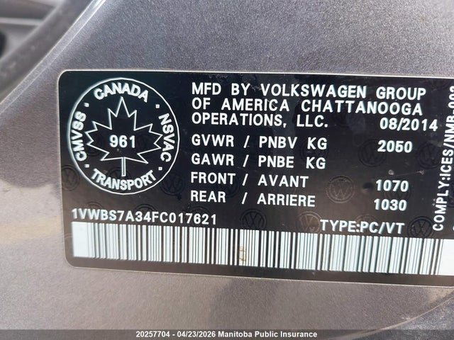 20257704 :رقم المزاد ، 1VWBS7A34FC017621 vin ، 2015 Volkswagen Passat 1.8 Tsi مزاد بيع