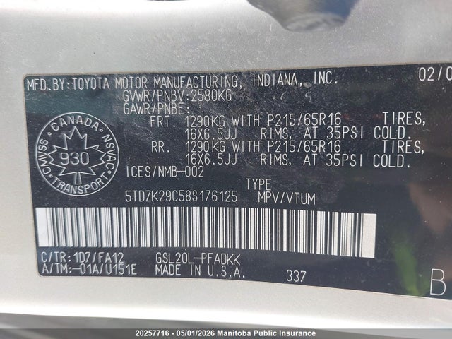2008 Toyota Sienna Ce V6 მანქანა იყიდება აუქციონზე, vin: 5TDZK29C58S176125, აუქციონის ნომერი: 20257716
