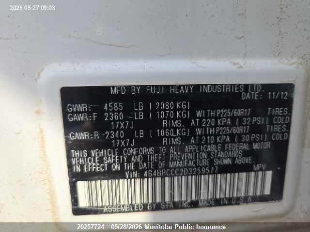20257724 :رقم المزاد ، 4S4BRCCC2D3259577 vin ، 2013 Subaru Outback 2.5i مزاد بيع