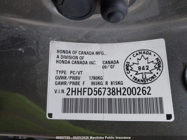 Продажа на аукционе авто 2008 Acura Csx Premium, vin: 2HHFD56738H200262, номер лота: 20257725