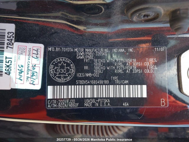 20257729 :رقم المزاد ، 5TBDV54168S498189 vin ، 2008 Toyota Tundra Sr5 V8 Crewmax مزاد بيع