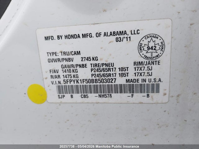 Продаж на аукціоні авто 2011 Honda Ridgeline Ex-l, vin: 5FPYK1F50BB503027, номер лоту: 20257738