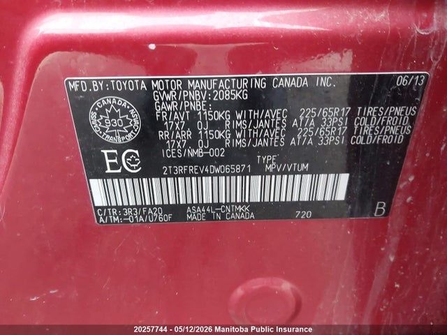 20257744 :رقم المزاد ، 2T3RFREV4DW065871 vin ، 2013 Toyota Rav4 Xle مزاد بيع