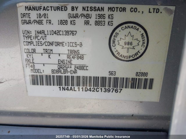 Aukcja sprzedaży 2002 Nissan Altima 2.5 S, vin: 1N4AL11D42C139767, numer aukcji: 20257749