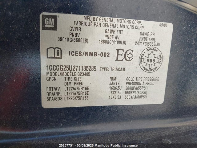 20257751 :رقم المزاد ، 1GCGG25U271135289 vin ، 2007 Chevrolet Express 2500 Cargo Van مزاد بيع