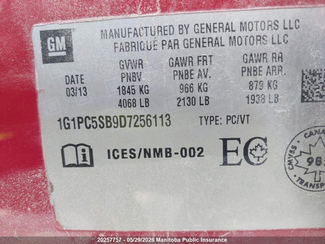 Aukcja sprzedaży 2013 Chevrolet Cruze Lt Turbo, vin: 1G1PC5SB9D7256113, numer aukcji: 20257757