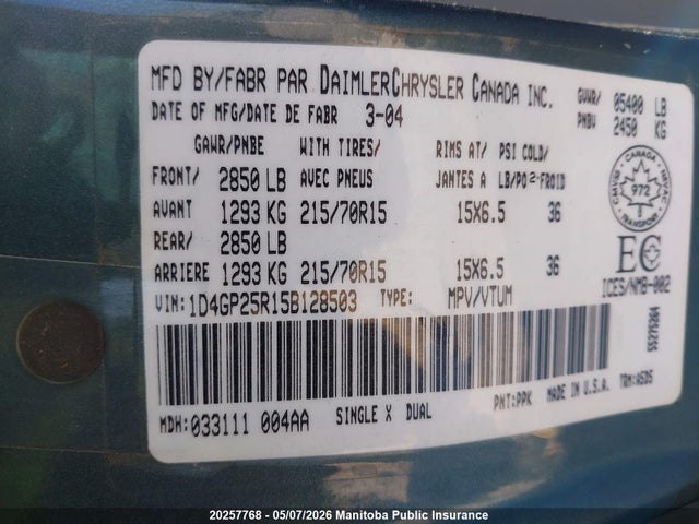 2005 Dodge Caravan მანქანა იყიდება აუქციონზე, vin: 1D4GP25R15B128503, აუქციონის ნომერი: 20257768