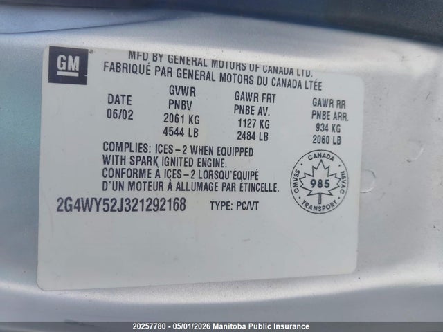 Aukcja sprzedaży 2002 Buick Century Limited, vin: 2G4WY52J321292168, numer aukcji: 20257780