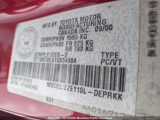 20257782 :رقم المزاد ، 2T1BR12EX1C834684 vin ، 2001 Toyota Corolla Ce مزاد بيع