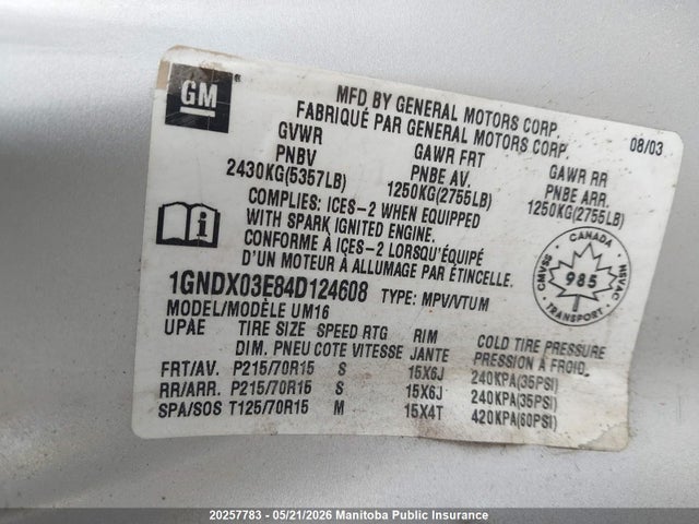 Продаж на аукціоні авто 2004 Chevrolet Venture Ext, vin: 1GNDX03E84D124608, номер лоту: 20257783
