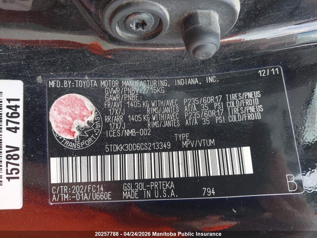 2012 Toyota Sienna Le V6 მანქანა იყიდება აუქციონზე, vin: 5TDKK3DC6CS213349, აუქციონის ნომერი: 20257788