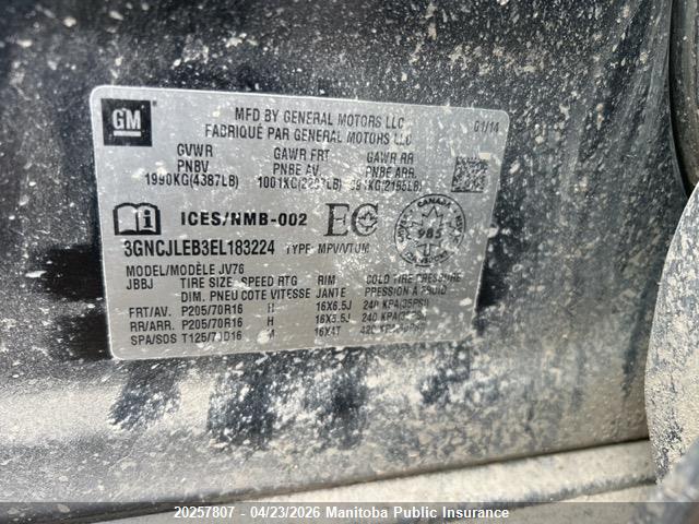 2014 Chevrolet Trax Lt მანქანა იყიდება აუქციონზე, vin: 3GNCJLEB3EL183224, აუქციონის ნომერი: 20257807