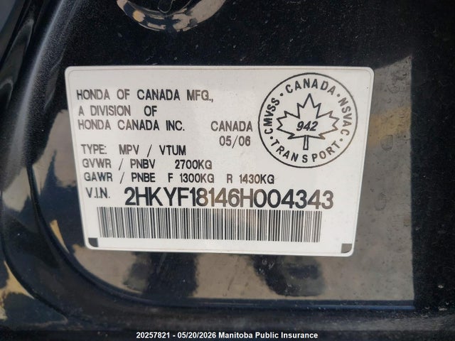 20257821 :رقم المزاد ، 2HKYF18146H004343 vin ، 2006 Honda Pilot Lx مزاد بيع