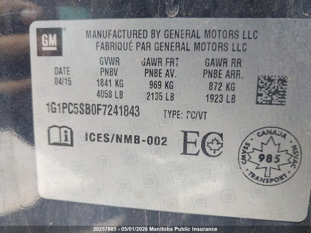 1G1PC5SB0F7241843 Chevrolet Cruze Lt Turbo