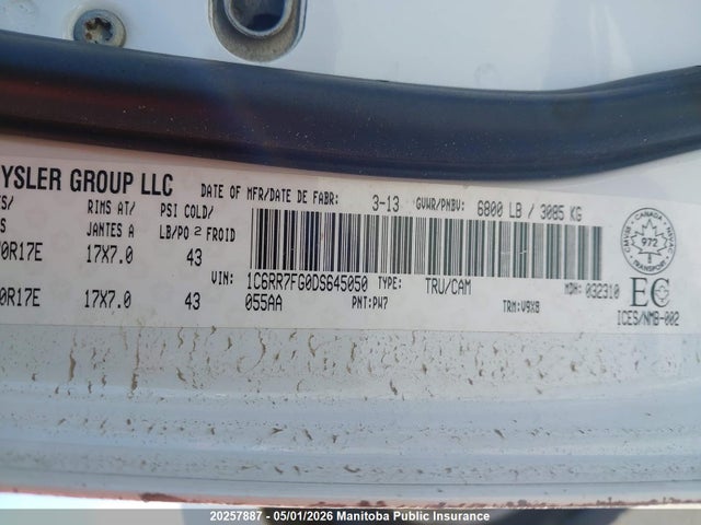 20257887 :رقم المزاد ، 1C6RR7FG0DS645050 vin ، 2013 Dodge Ram 1500 St Quad Cab مزاد بيع
