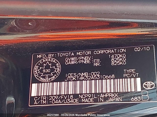 2010 Toyota Yaris Le მანქანა იყიდება აუქციონზე, vin: JTDKT4K32A5310668, აუქციონის ნომერი: 20257888