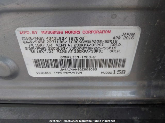 Aukcja sprzedaży 2016 Mitsubishi Rvr Se, vin: JA4AJ4AW9GZ609065, numer aukcji: 20257891