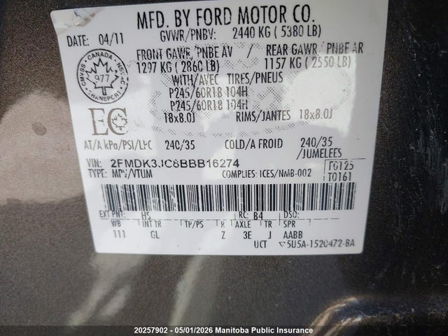 Продажа на аукционе авто 2011 Ford Edge Sel, vin: 2FMDK3JC8BBB16274, номер лота: 20257902