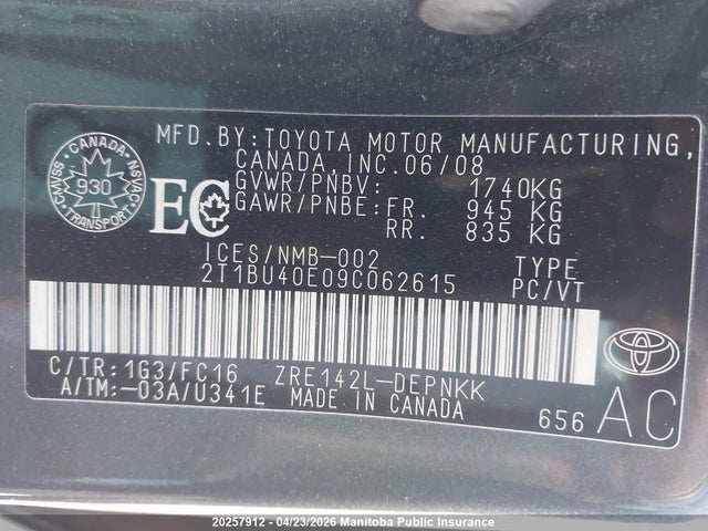 2009 Toyota Corolla მანქანა იყიდება აუქციონზე, vin: 2T1BU40E09C062615, აუქციონის ნომერი: 20257912