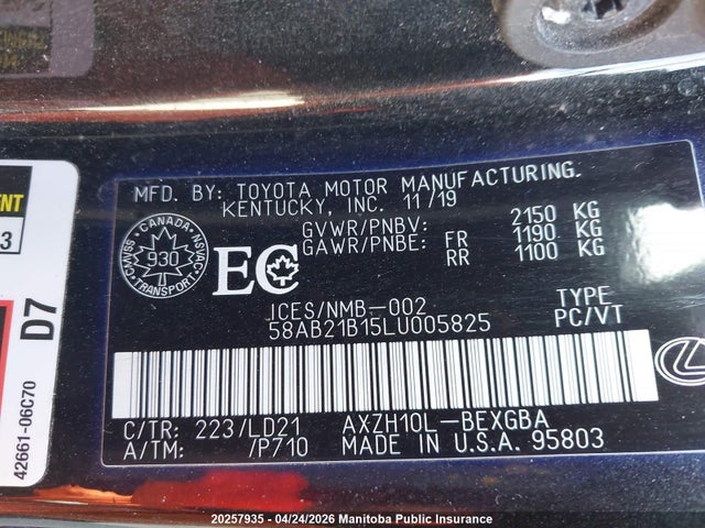 58AB21B15LU005825 Lexus ES 300H