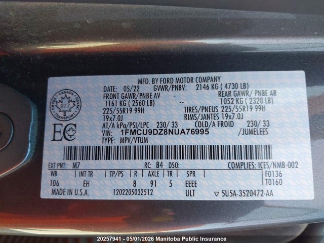 Продаж на аукціоні авто 2022 Ford Escape Titanium Hybrid, vin: 1FMCU9DZ8NUA76995, номер лоту: 20257941