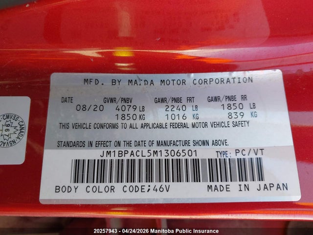 Aukcja sprzedaży 2021 Mazda Mazda3 Gs, vin: JM1BPACL5M1306501, numer aukcji: 20257943
