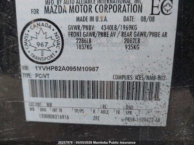 2009 Mazda Mazda6 Gs მანქანა იყიდება აუქციონზე, vin: 1YVHP82A095M10987, აუქციონის ნომერი: 20257978