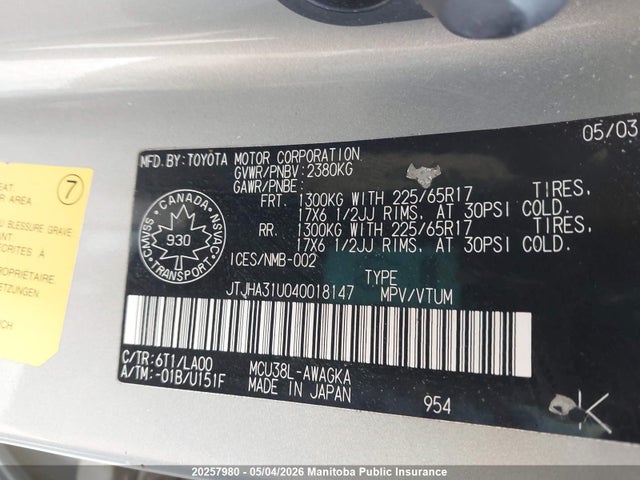 Продажа на аукционе авто 2004 Lexus Rx330, vin: JTJHA31U040018147, номер лота: 20257980