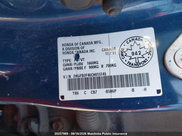 20257989 :رقم المزاد ، 2HGFB2F46CH015145 vin ، 2012 Honda Civic Lx مزاد بيع