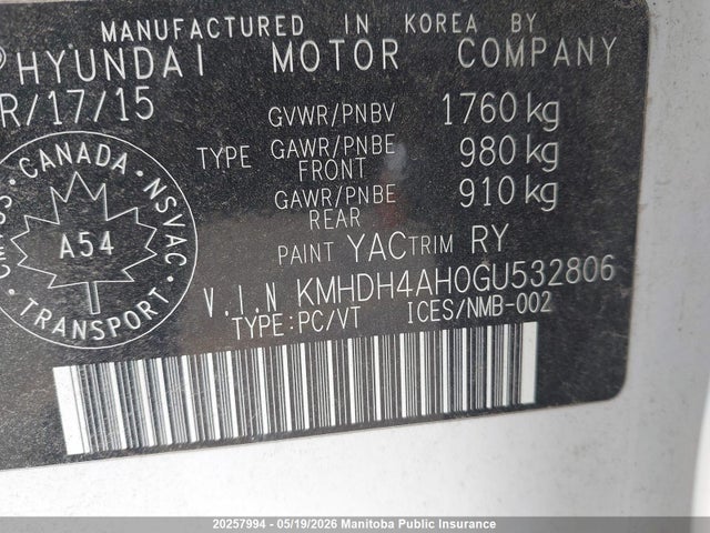 KMHDH4AH0GU532806 Hyundai ELANTRA SE