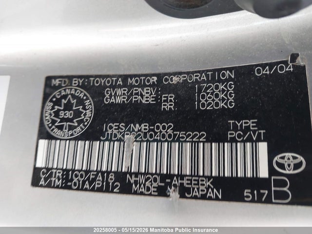 20258005 :رقم المزاد ، JTDKB22U040075222 vin ، 2004 Toyota Prius مزاد بيع