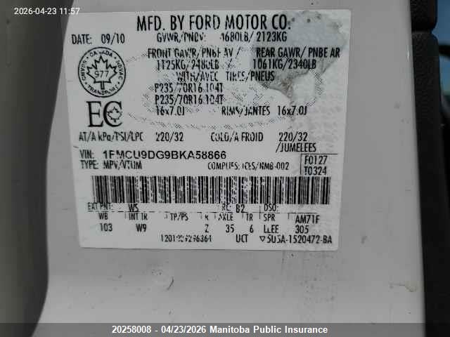 2011 Ford Escape Limited V6 მანქანა იყიდება აუქციონზე, vin: 1FMCU9DG9BKA58866, აუქციონის ნომერი: 20258008