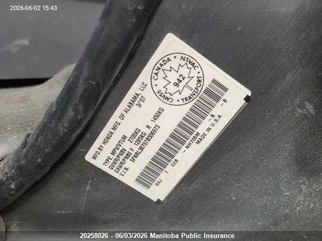 20258026 :رقم المزاد ، 5FNRL38797B506973 vin ، 2007 Honda Odyssey Ex-l Ex-l مزاد بيع