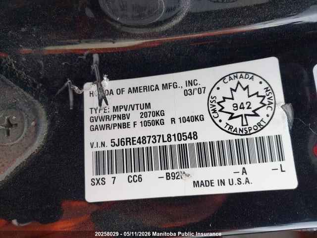 20258029 :رقم المزاد ، 5J6RE48737L810548 vin ، 2007 Honda Cr-v Ex-l مزاد بيع