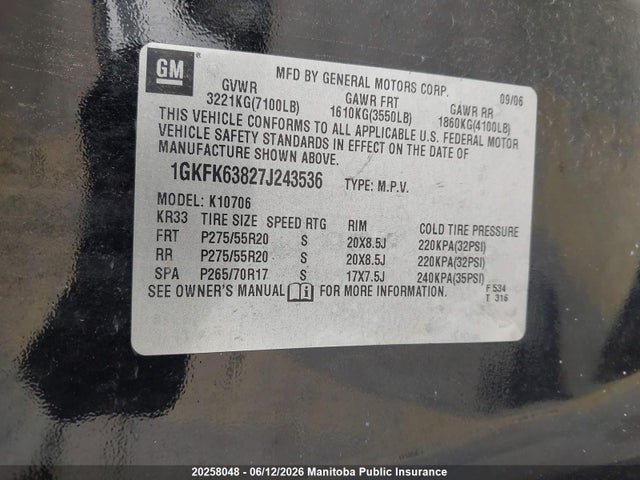 Aukcja sprzedaży 2007 Gmc Yukon Denali, vin: 1GKFK63827J243536, numer aukcji: 20258048