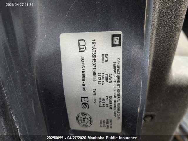 Aukcja sprzedaży 2009 Chevrolet Cobalt Lt, vin: 1G1AT55H597168608, numer aukcji: 20258055