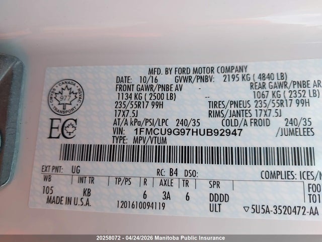 1FMCU9G97HUB92947 Ford ESCAPE SE