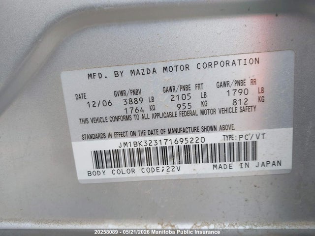 Aukcja sprzedaży 2007 Mazda Mazda3 Gt, vin: JM1BK323171695220, numer aukcji: 20258089