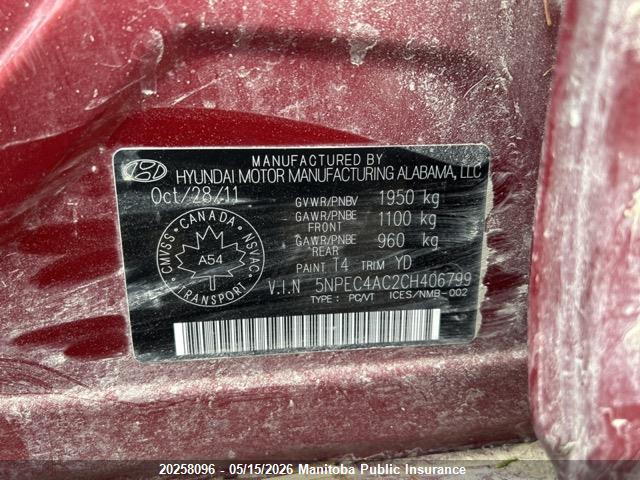 20258096 :رقم المزاد ، 5NPEC4AC2CH406799 vin ، 2012 Hyundai Sonata Limited مزاد بيع