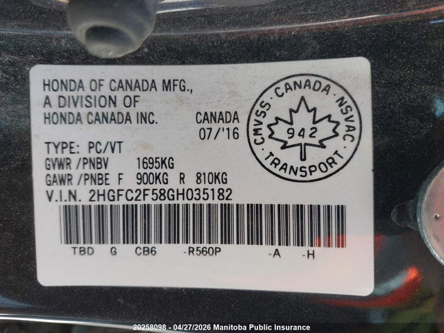 2HGFC2F58GH035182 Honda Civic Lx