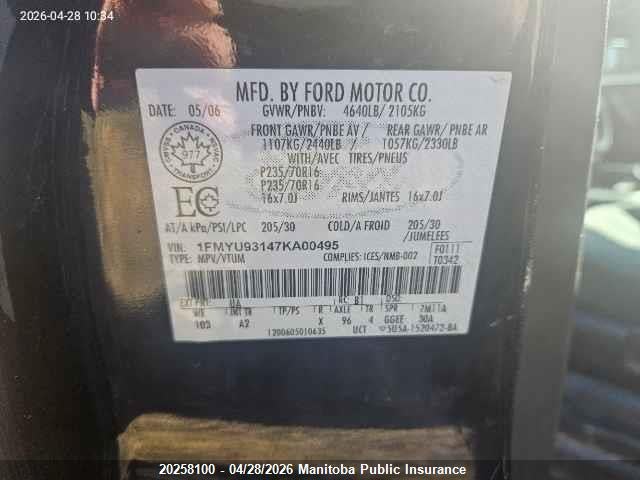 2007 Ford Escape Xlt V6 მანქანა იყიდება აუქციონზე, vin: 1FMYU93147KA00495, აუქციონის ნომერი: 20258100