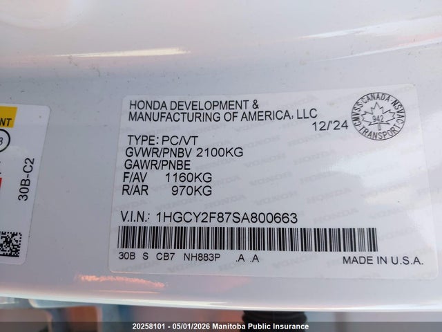 1HGCY2F87SA800663 Honda Accord Touring Hev
