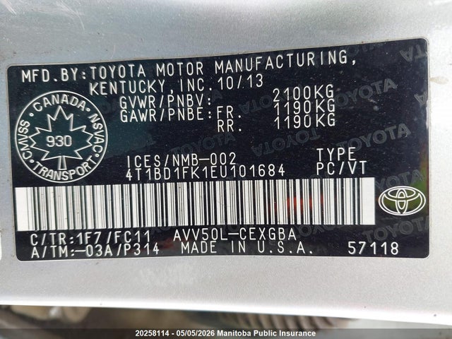 2014 Toyota Camry Le Hybrid მანქანა იყიდება აუქციონზე, vin: 4T1BD1FK1EU101684, აუქციონის ნომერი: 20258114
