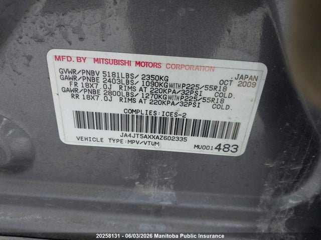 20258131 :رقم المزاد ، JA4JT5AXXAZ602335 vin ، 2010 Mitsubishi Outlander Xls مزاد بيع